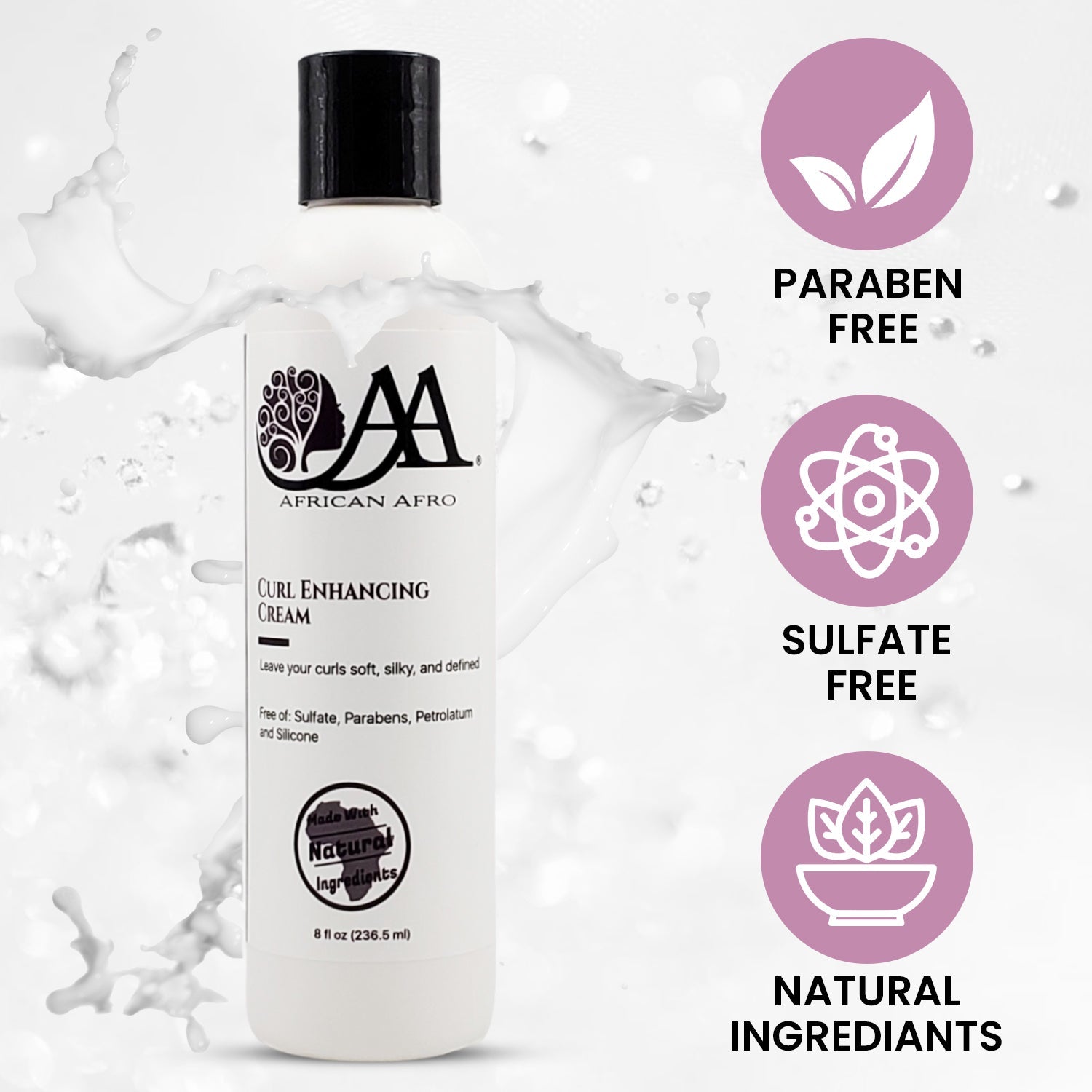 Curl enhancing cream bottle with text highlighting paraben-free, sulfate-free, and natural ingredients.