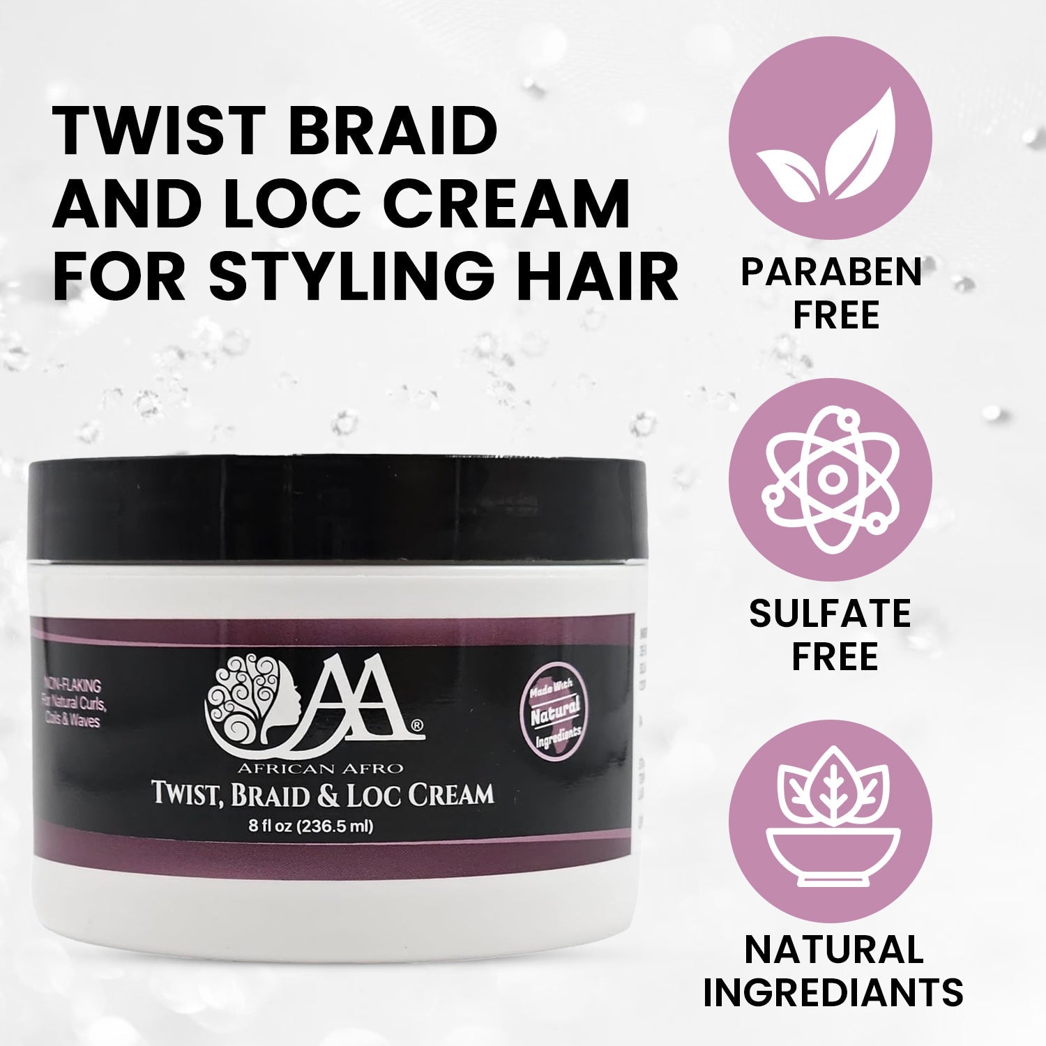 Twist Braid and Loc Cream for styling hair, paraben-free, sulfate-free, made with natural ingredients.