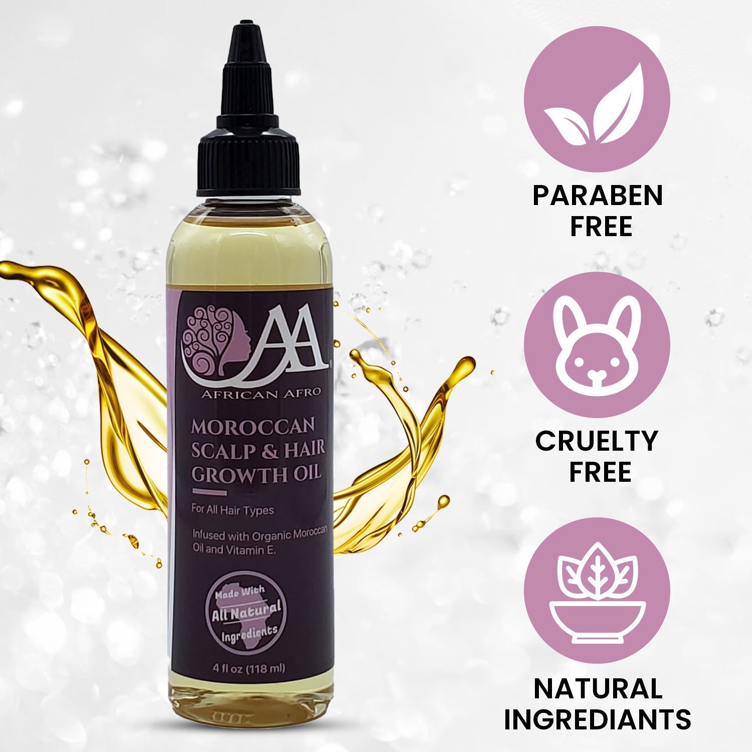 Moroccan scalp and hair growth oil, 4oz bottles, all-natural argan formula for nourishment and growth.