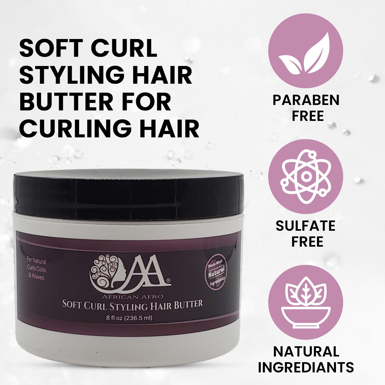 Moisturizing soft curl styling hair butter with shea butter, 8oz jar, frizz control, residue-free.
