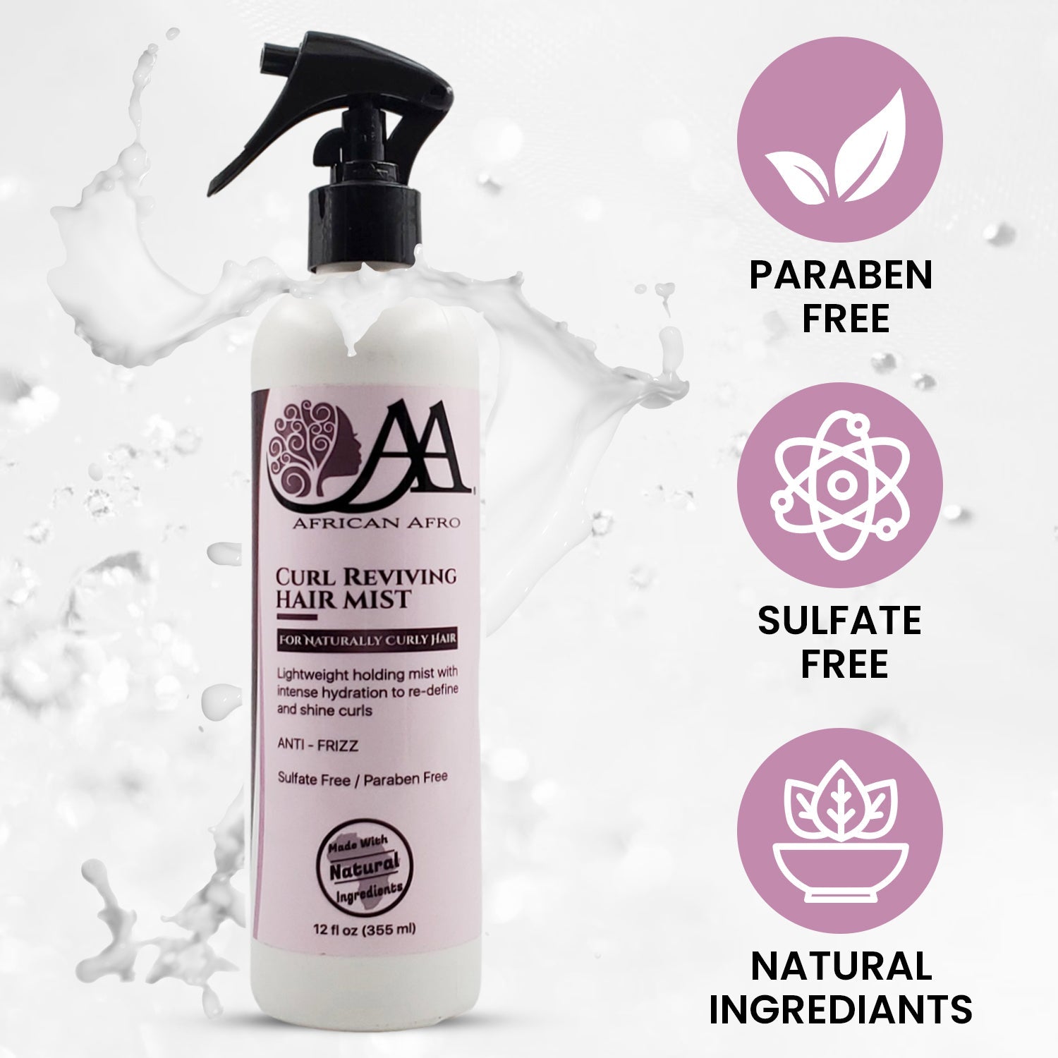 Curl Reviving Hair Mist Spray bottle featuring lightweight, anti-frizz, sulfate-free, paraben-free formula with natural ingredients.
