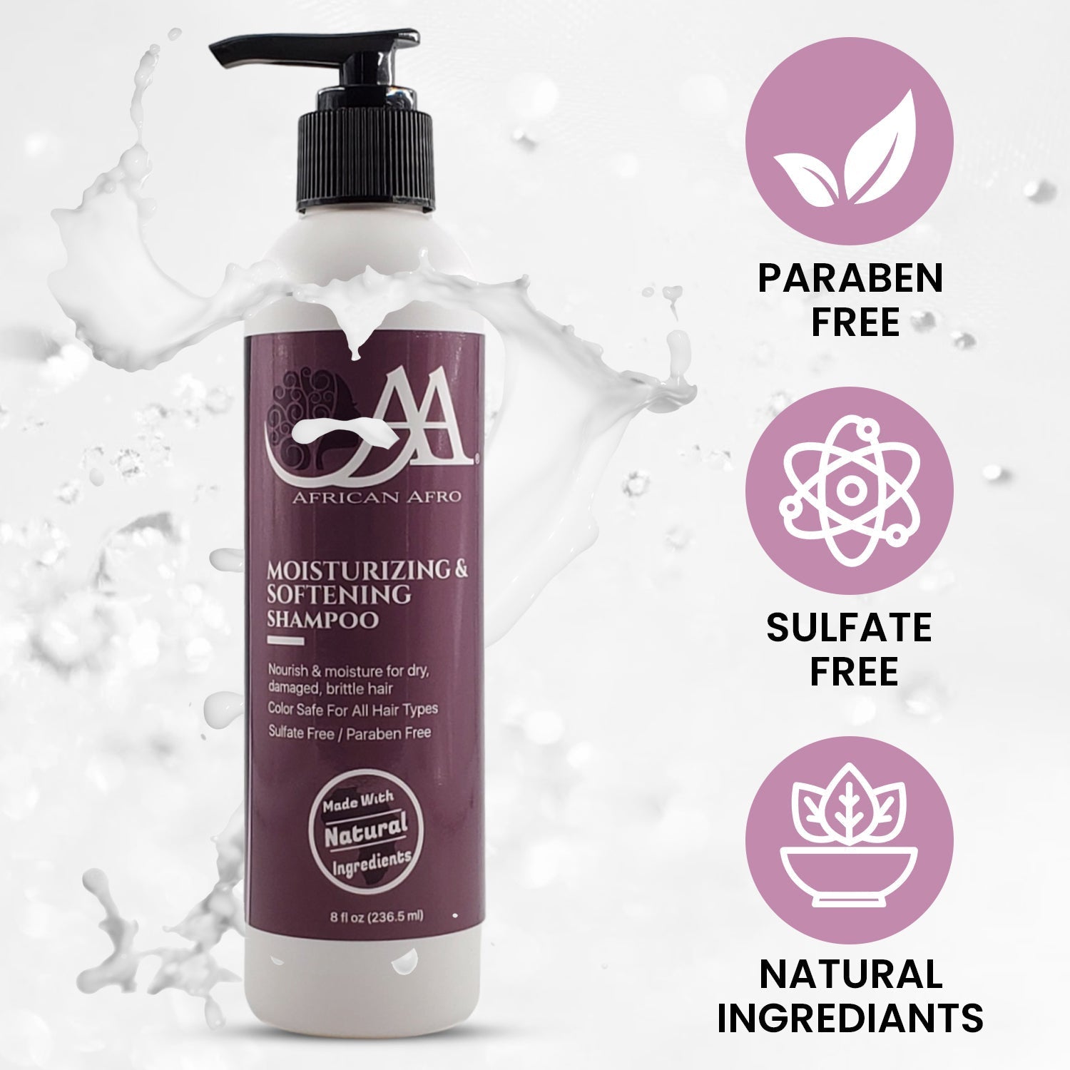 Moisturizing and softening hair shampoo bottle, paraben-free, sulfate-free, natural ingredients, 8 fl. oz, suitable for dry and curly hair.