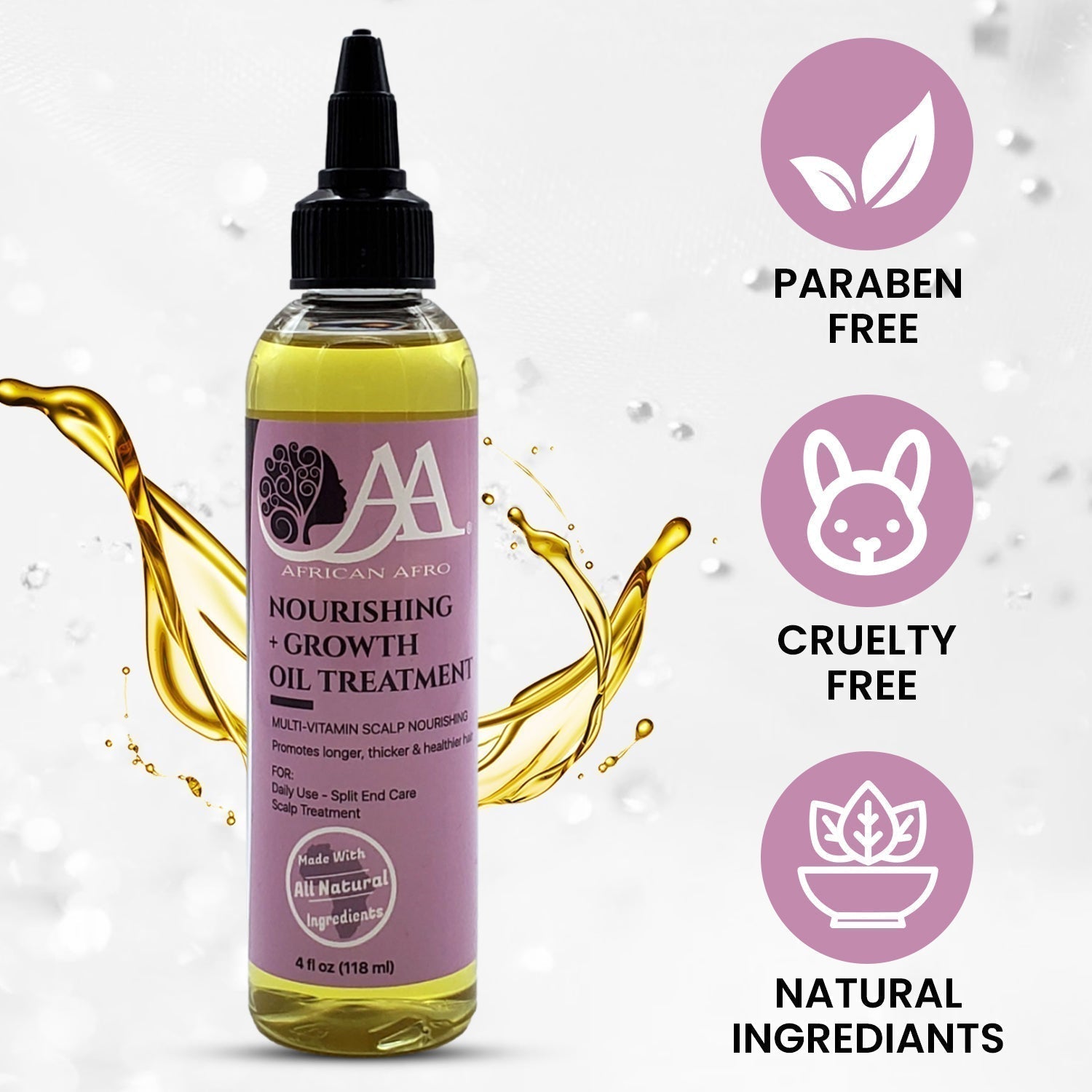 Nourishing and growth oil hair treatment 4oz, enriched with tea tree oil, coconut oil, and vitamin E for hair and scalp health.