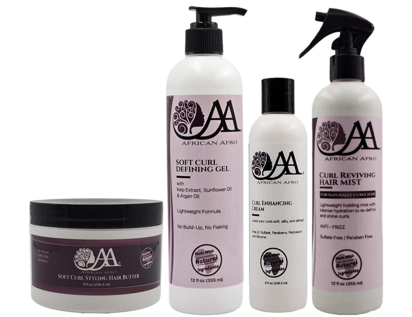 African Afro 360° Curls Collection Bundle with styling butter, curl enhancing cream, gel, and mist for frizz-free, hydrated curls.