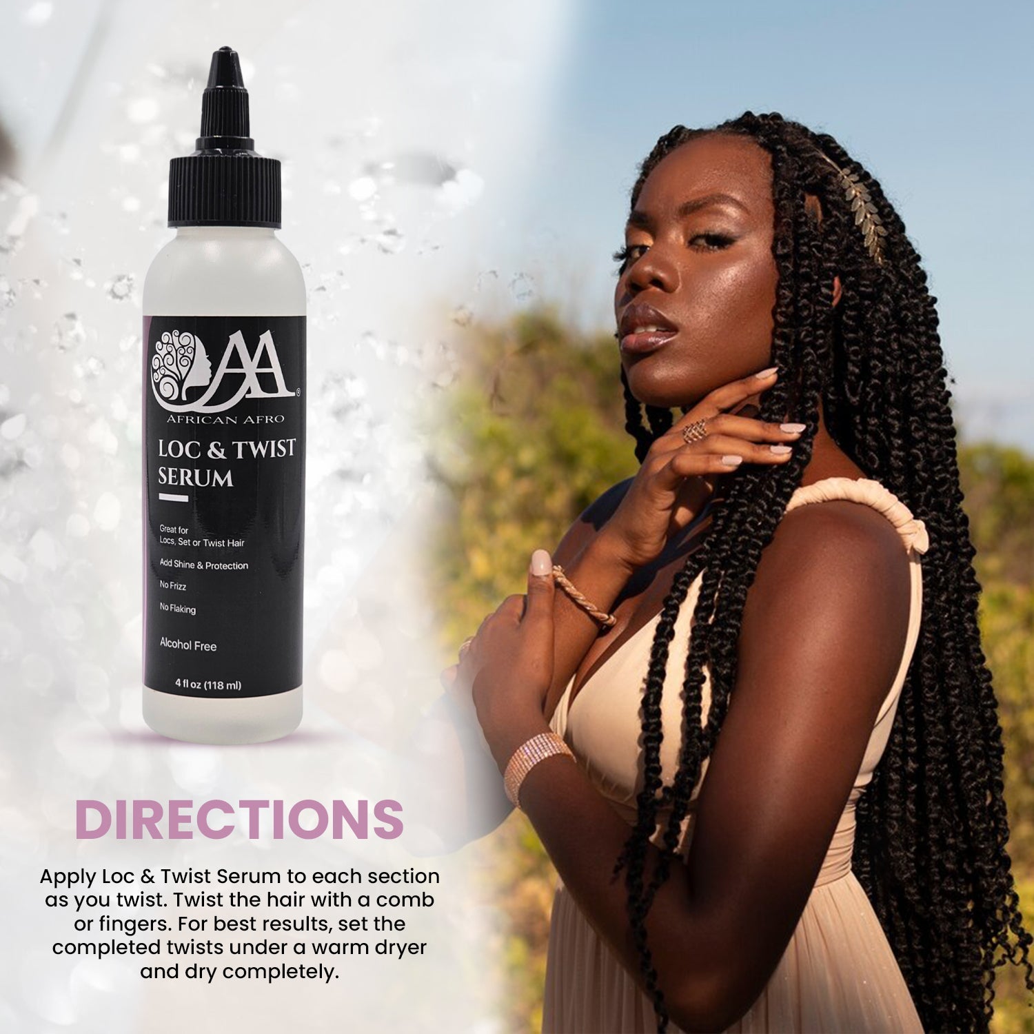 Loc and Twist Serum, for Superior Hold and Shine, 4oz bottles. Ideal for locs, twists, and braids, non-flaking formula hydrates scalp.