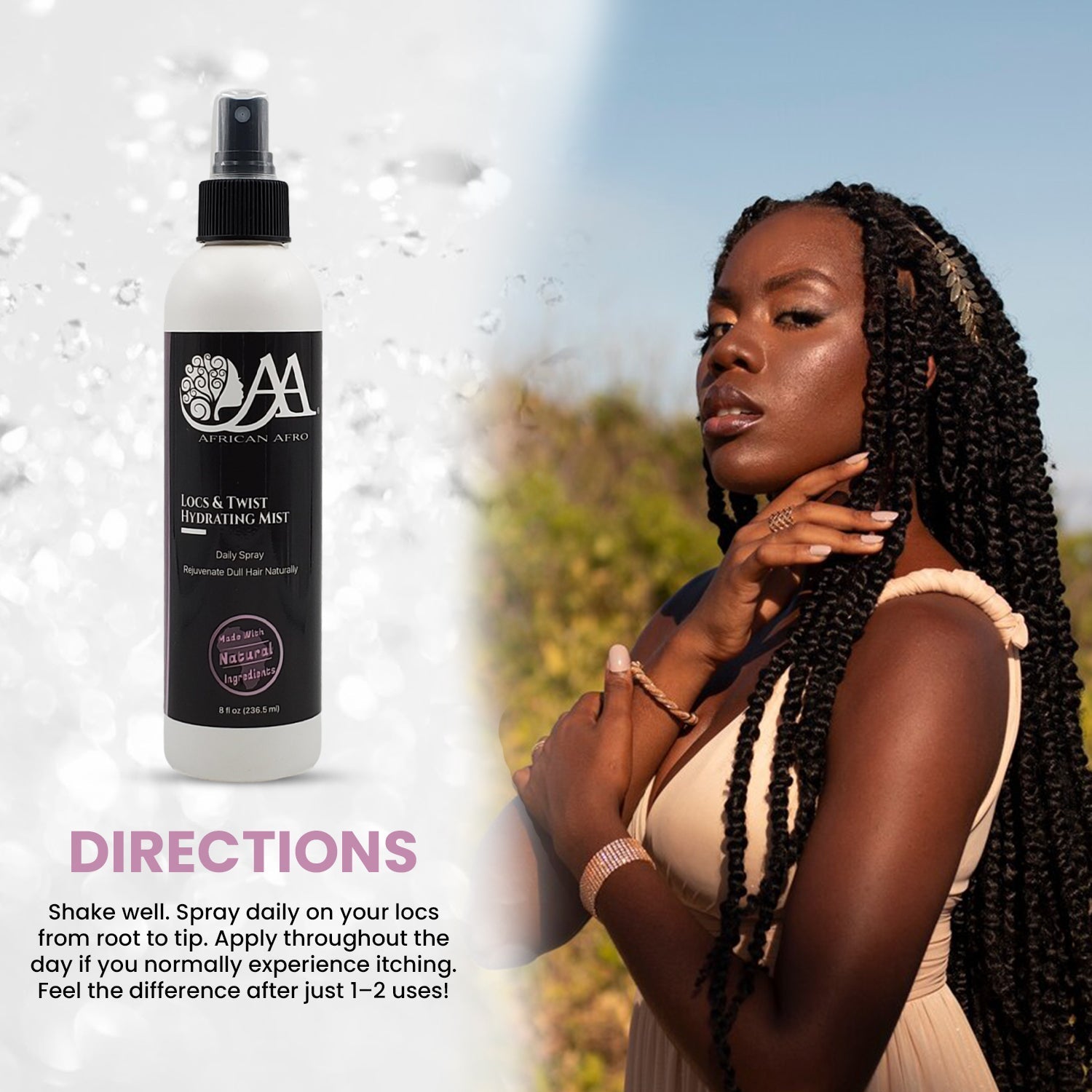 Hydrating mist spray for locs, twists, braids with natural ingredients for moisture and scalp health.
