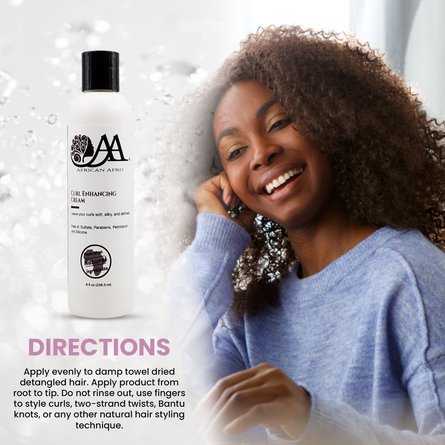 Curl Enhancing Cream bottle with woman showcasing defined, frizz-free curls.