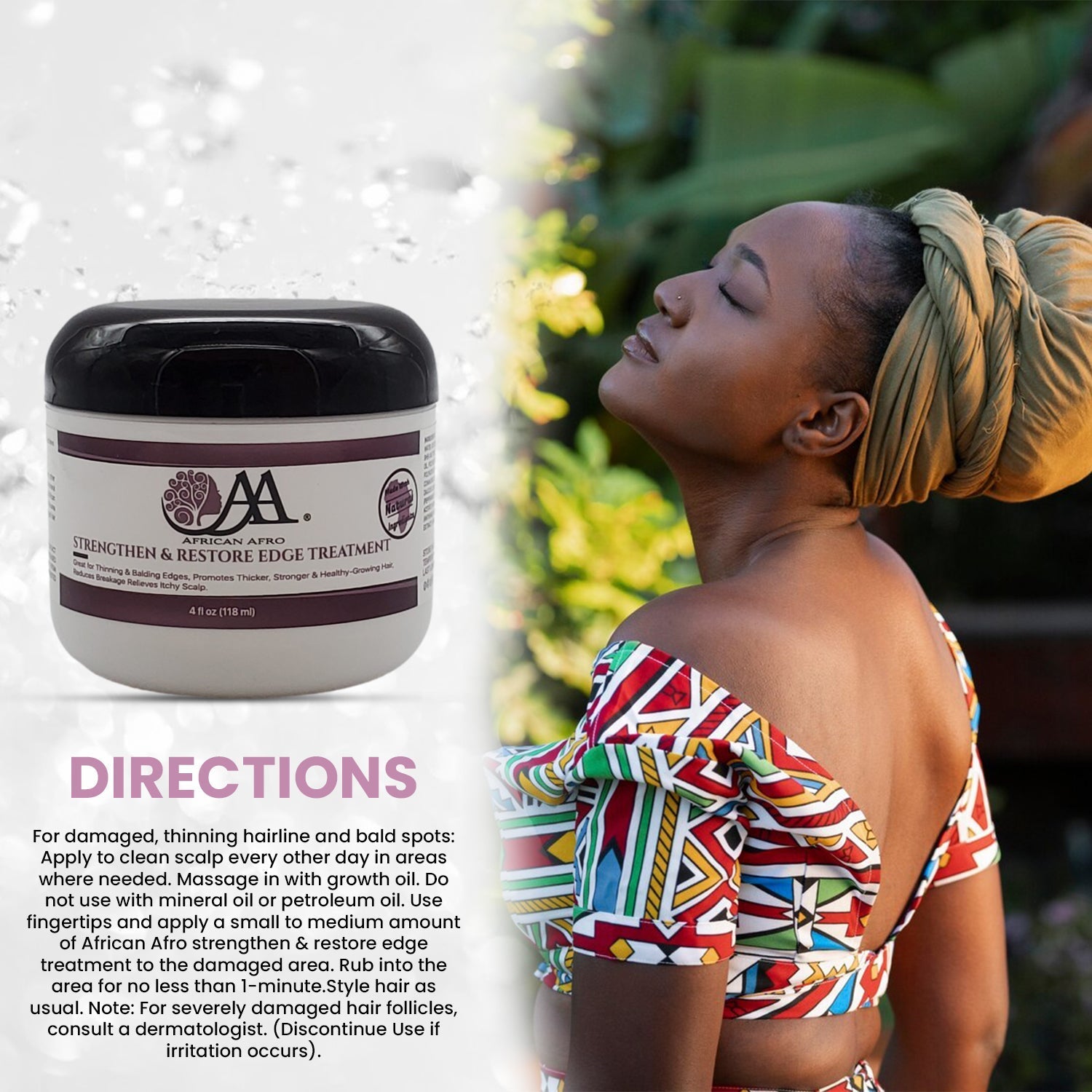 Edge treatment for thicker, fuller hair with natural growth promotion; 4 fl. oz., enhances strength and shine.