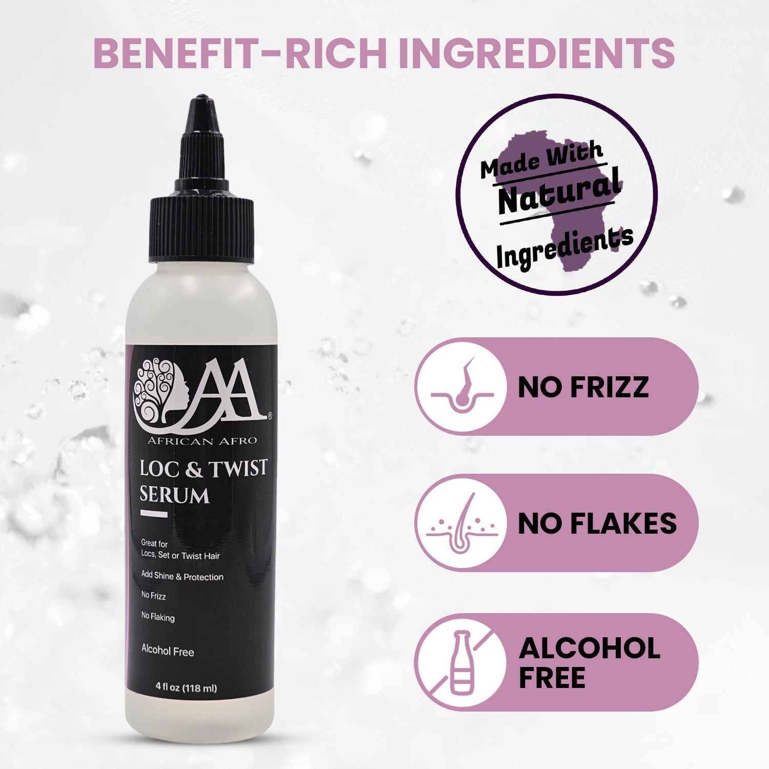 Loc and Twist Serum bottle with benefit-rich ingredients, superior hold, and shine for all hair types.