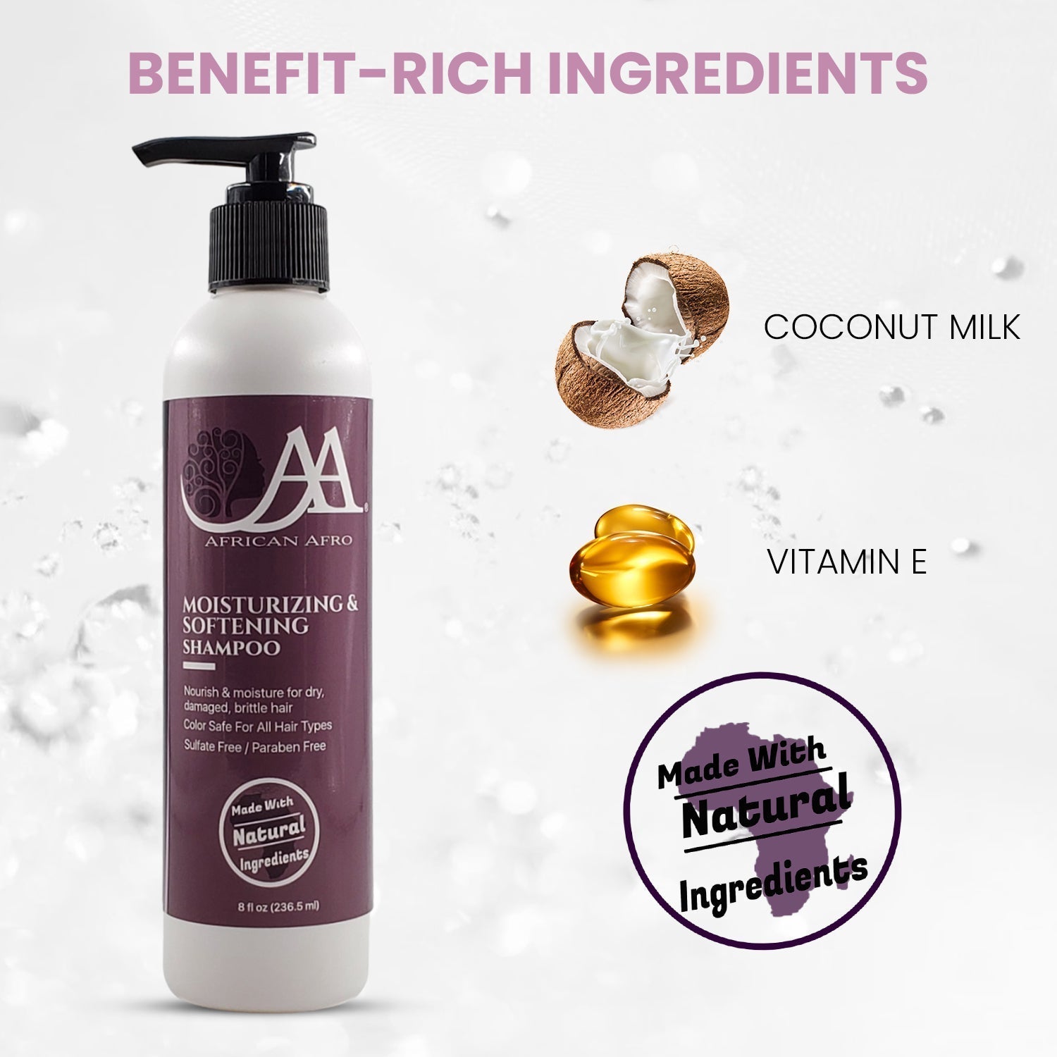 Moisturizing & softening hair shampoo with natural ingredients, coconut milk, and vitamin E, paraben-free for dry curly hair.