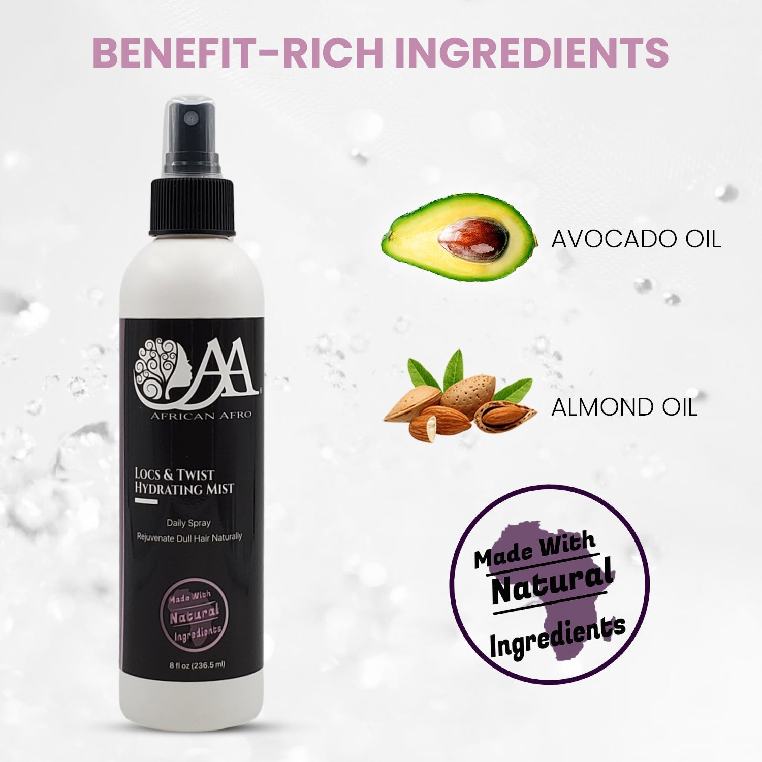 Hydrating mist spray for dreadlocks, twists, and braids; natural ingredients for hair moisture and scalp health.