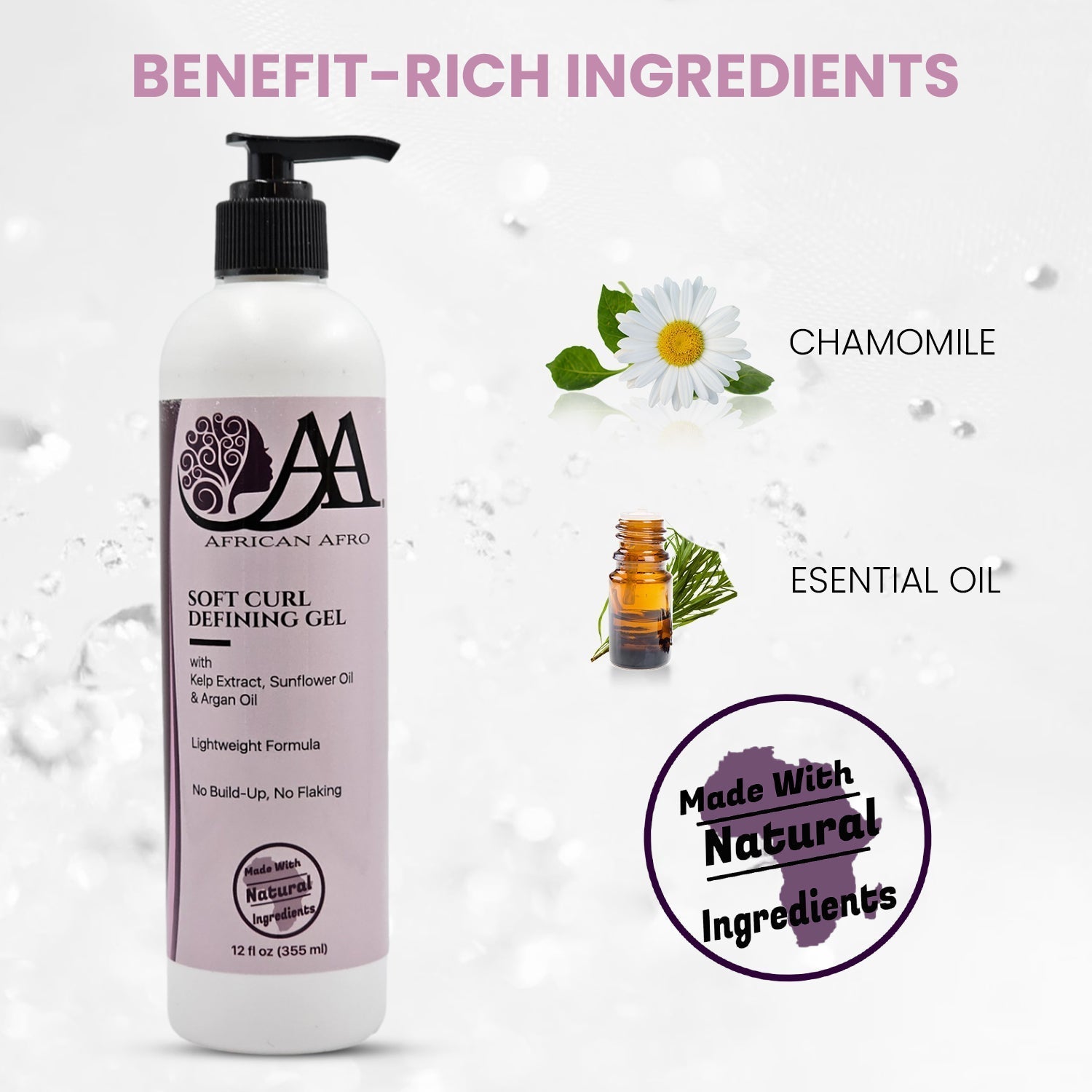 Soft Curl Defining Gel with Argan Oil by African Afro, featuring benefit-rich ingredients like chamomile and essential oil; 12 fl. oz bottle for all hair types.