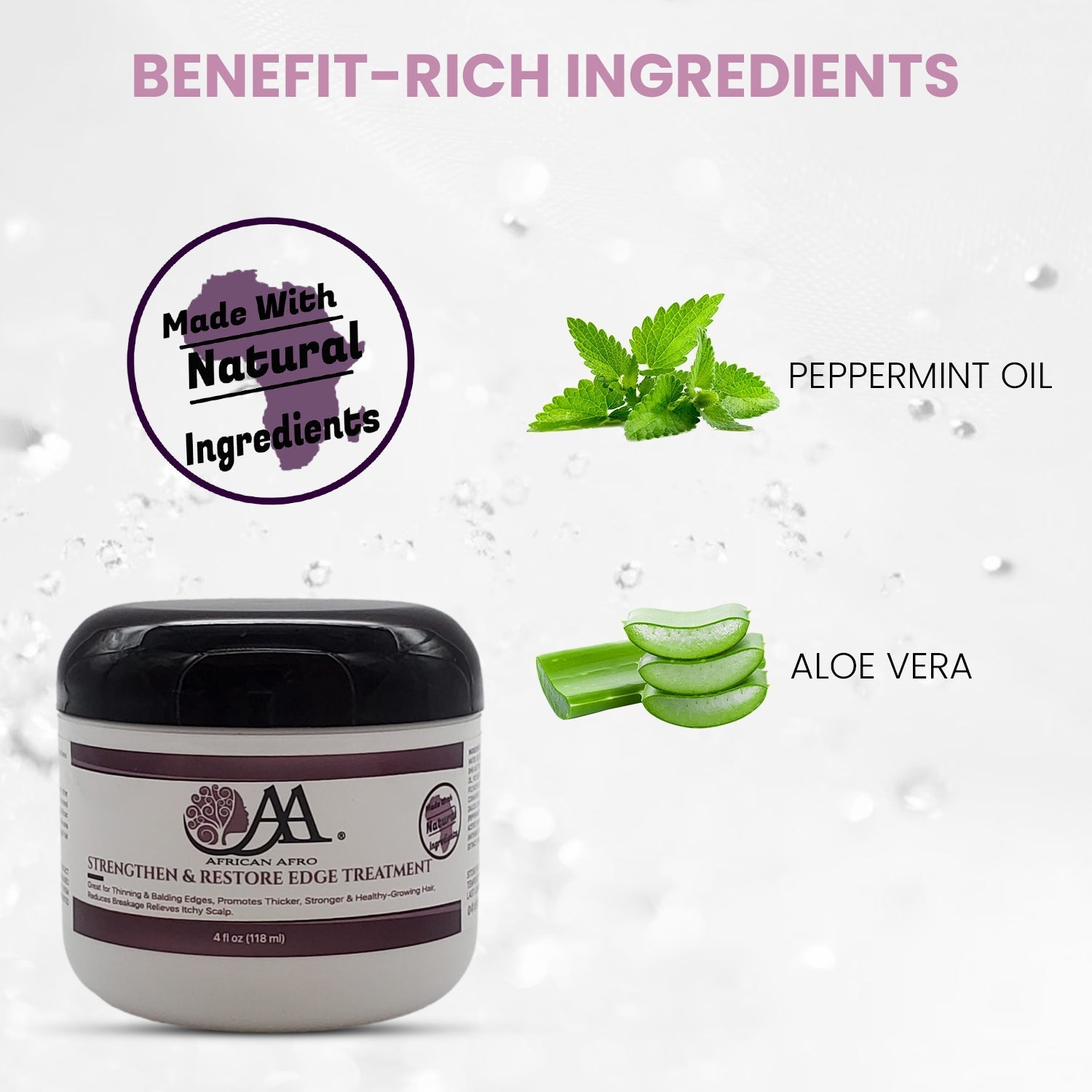 Strengthen and restore edge treatment with natural ingredients like peppermint oil and aloe vera for healthy hair growth.