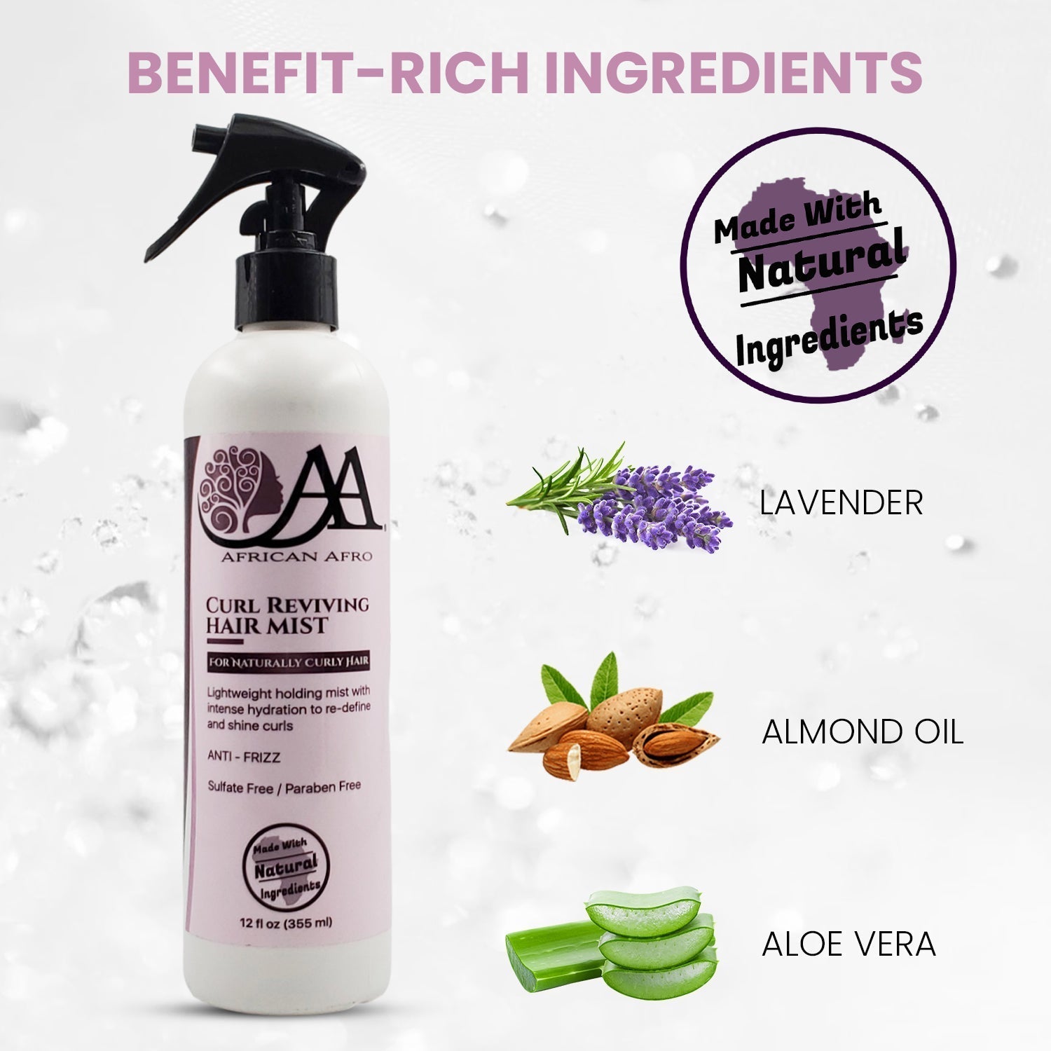 Curl reviving hair mist spray with natural ingredients, 12oz lightweight anti-frizz.