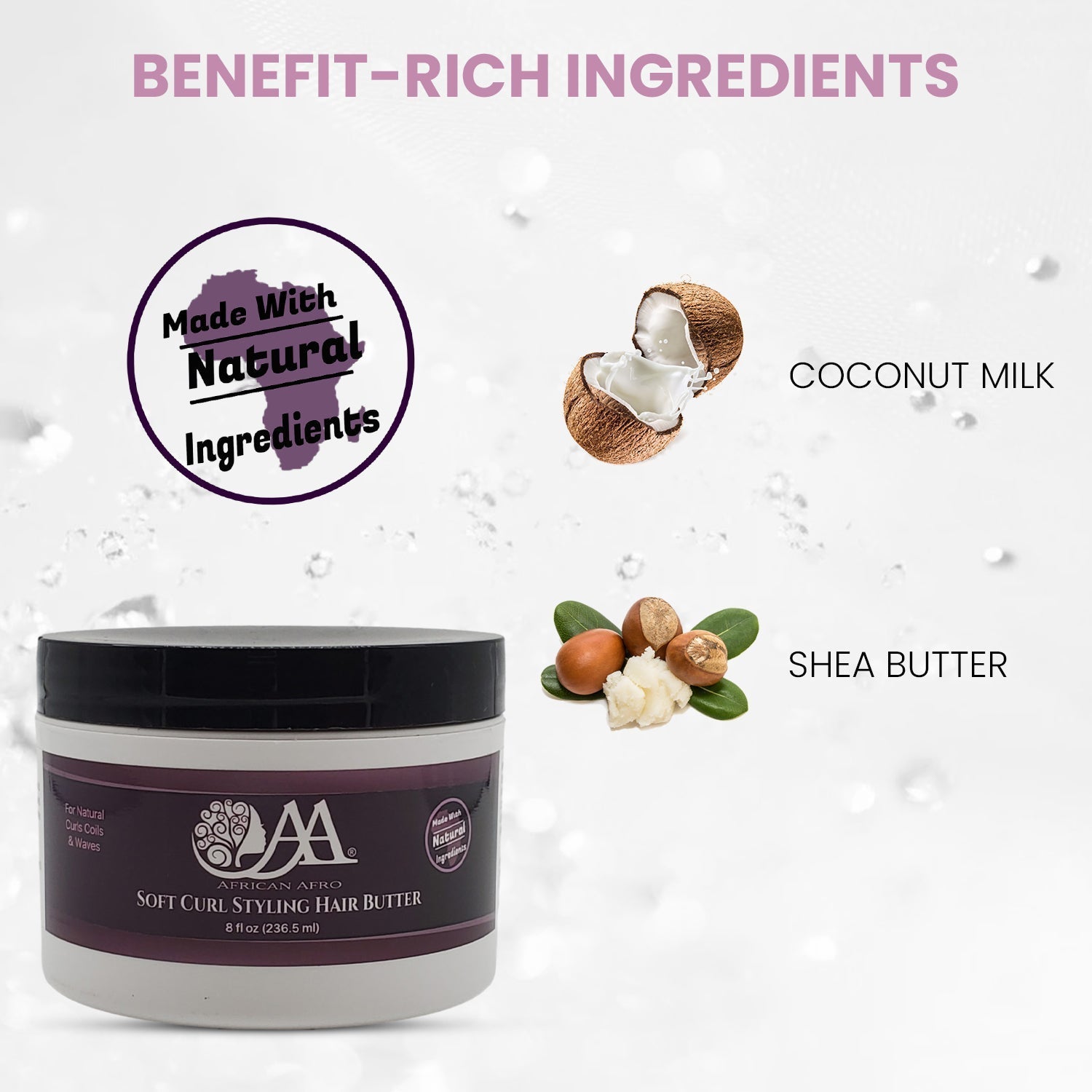 Moisturizing soft curl styling hair butter with shea butter, coconut milk, and natural ingredients for frizz control and hydration.