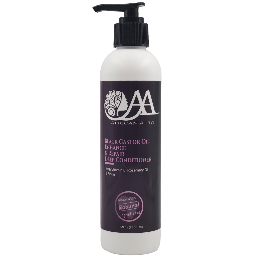 Black Castor Oil Enhance and Repair Deep Conditioner by African Afro; nourishing and rehydrating formula for all hair types.