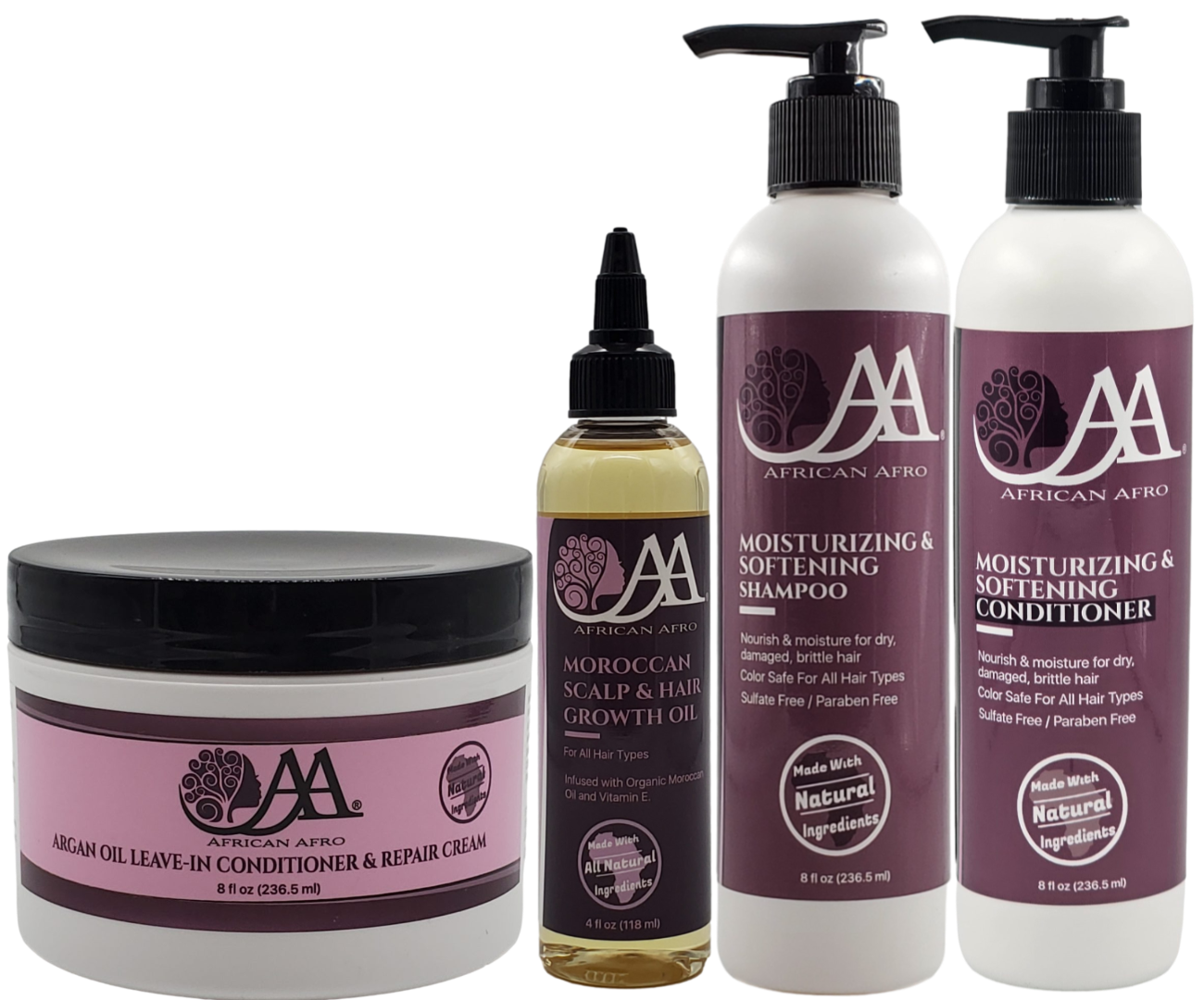 Ultimate Hydration & Repair Kit for hair care, featuring revitalizing conditioning cream, Moroccan growth oil, moisturizing shampoo, and softening conditioner.