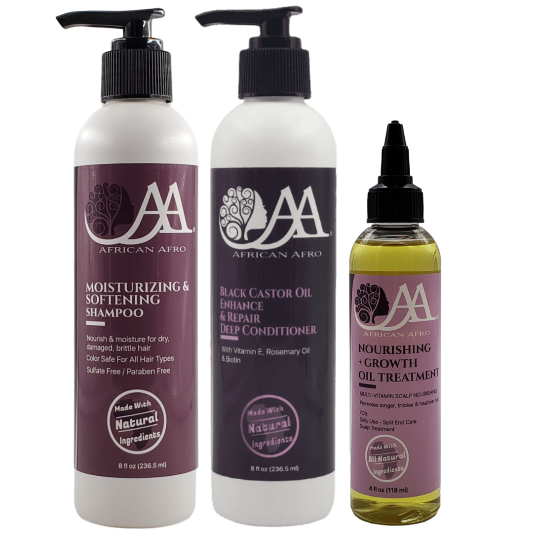 Deep Moisture Repair Kit with shampoo, conditioner, and nourishing oil for curly, dry, and brittle hair care.