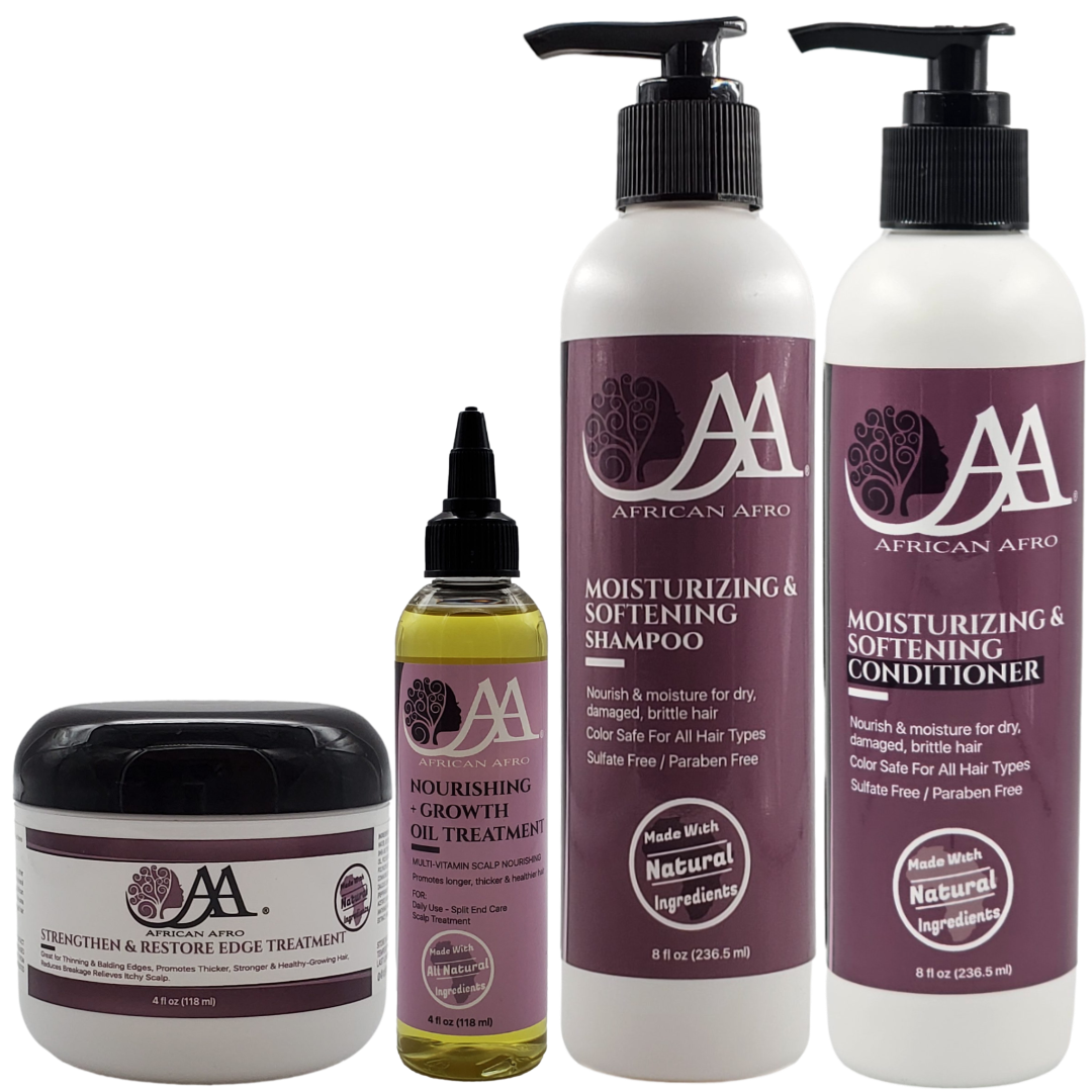Edge Regrowth Restore Bundle with edge treatment, growth oil, moisturizing shampoo, and conditioner for healthier hair.