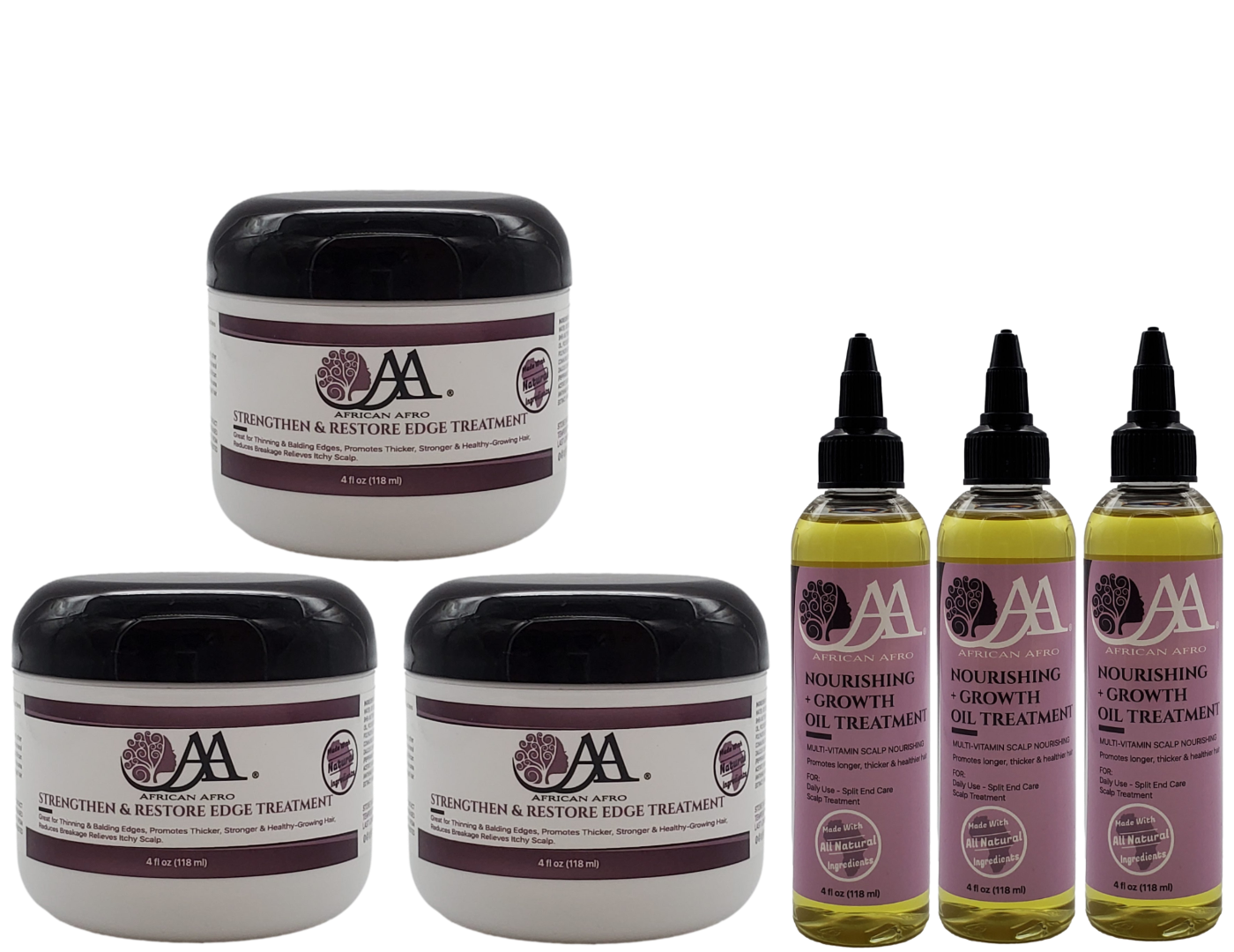 Growth & Restoration Bundle for hair, includes Nourishing Oil and Strengthen Edge Treatment, promotes healthy growth and prevents breakage.