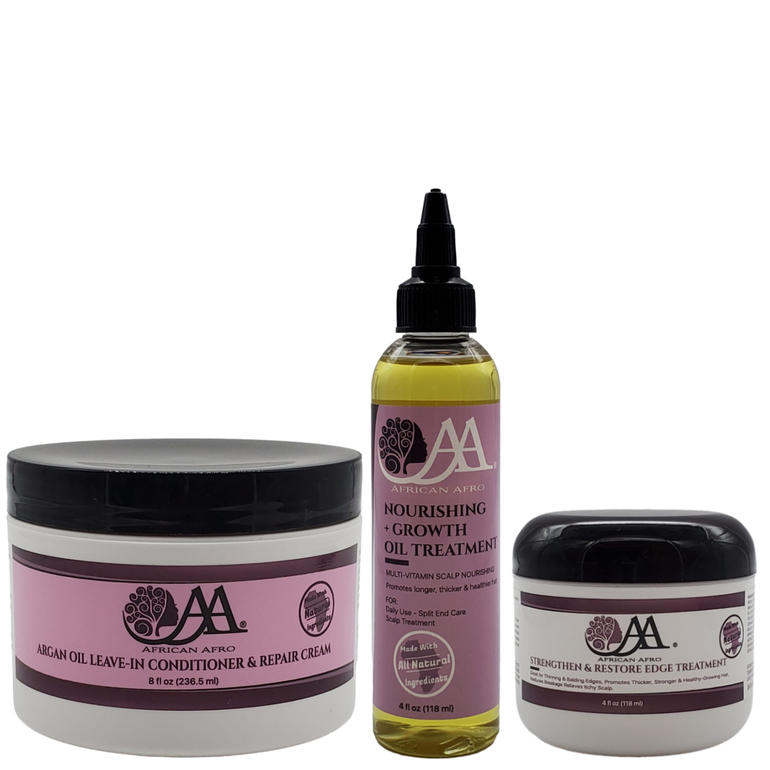 Grow and Restore Treatment Kit with Argan Oil Conditioner, Growth Oil, and Edge Treatment for hair nourishment and repair.