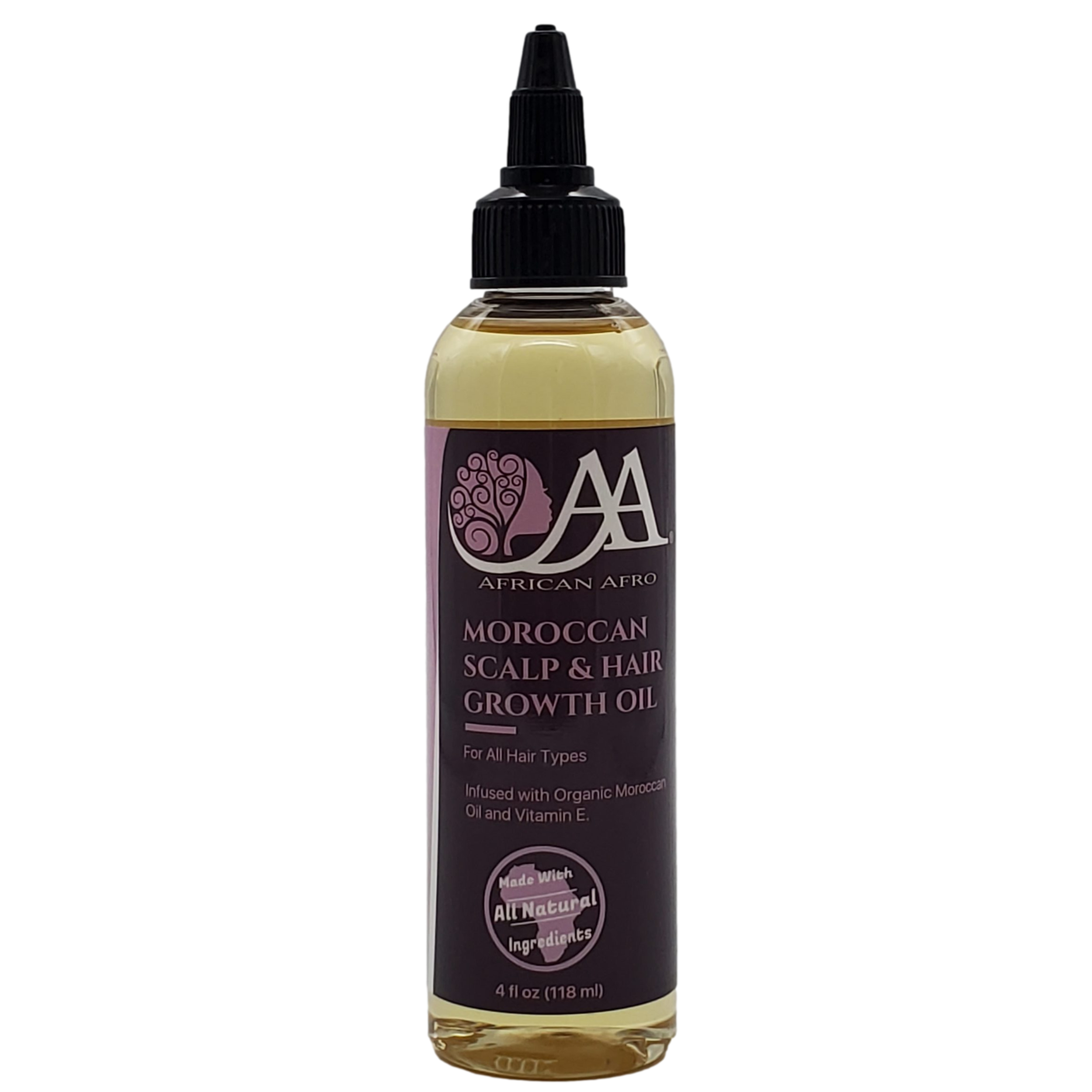 Moroccan scalp and hair growth oil bottle with organic ingredients for all hair types.