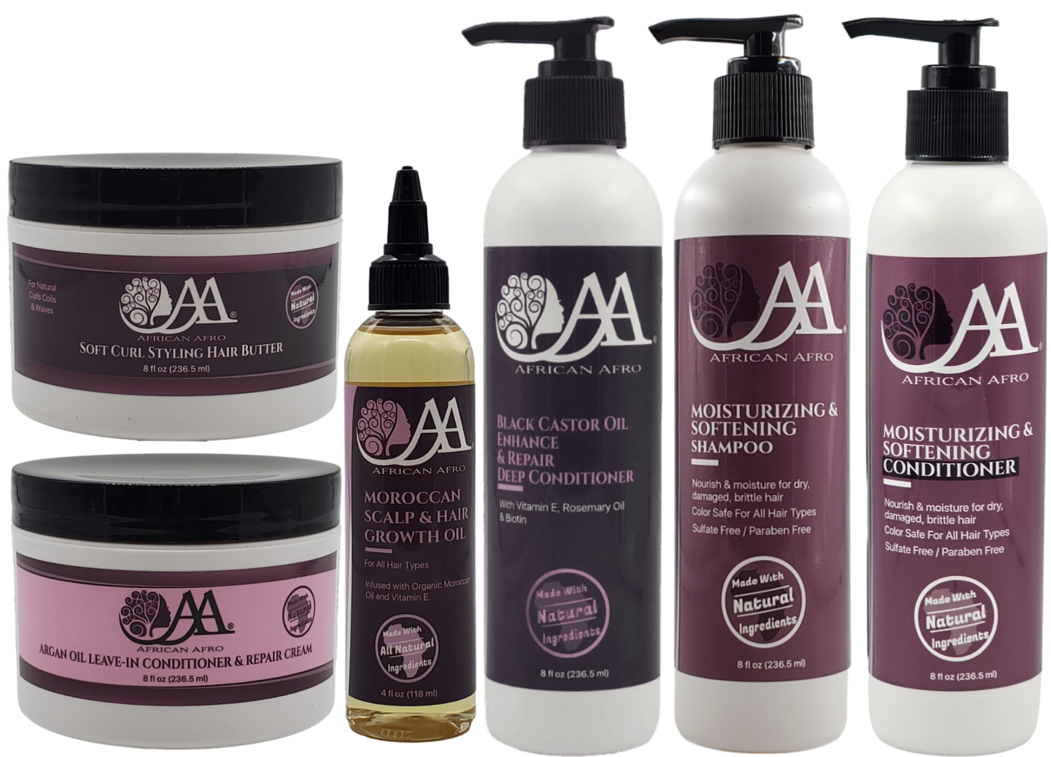 Bestsellers Bundle of six African Afro hair care products for hydration and repair.