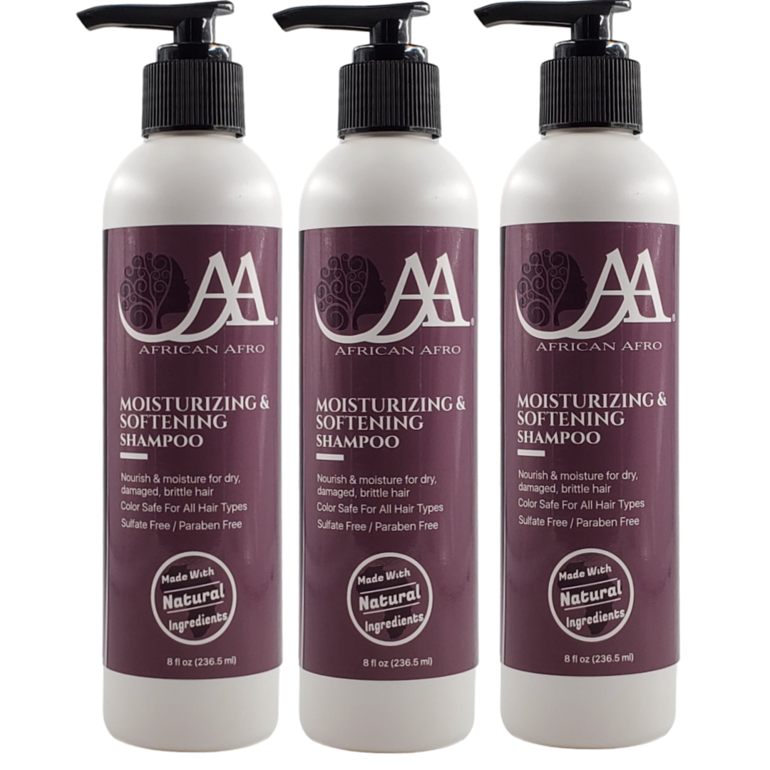 Three-pack of African Afro Moisturizing & Softening Hair Shampoo featuring paraben-free, curl-nourishing formula for dry hair.