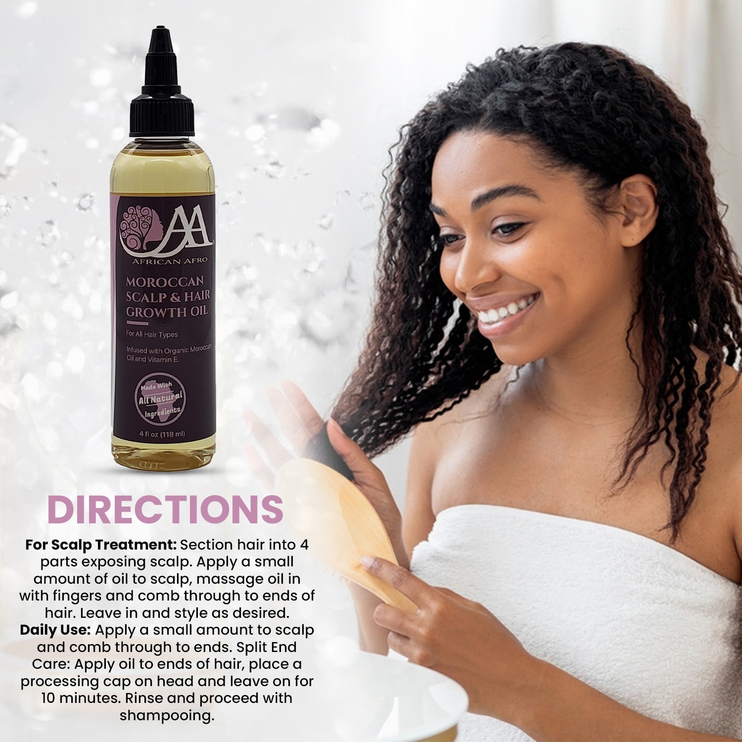 Moroccan Scalp & Hair Growth Hair Oil for moisturizing and strengthening hair, suitable for all hair types.