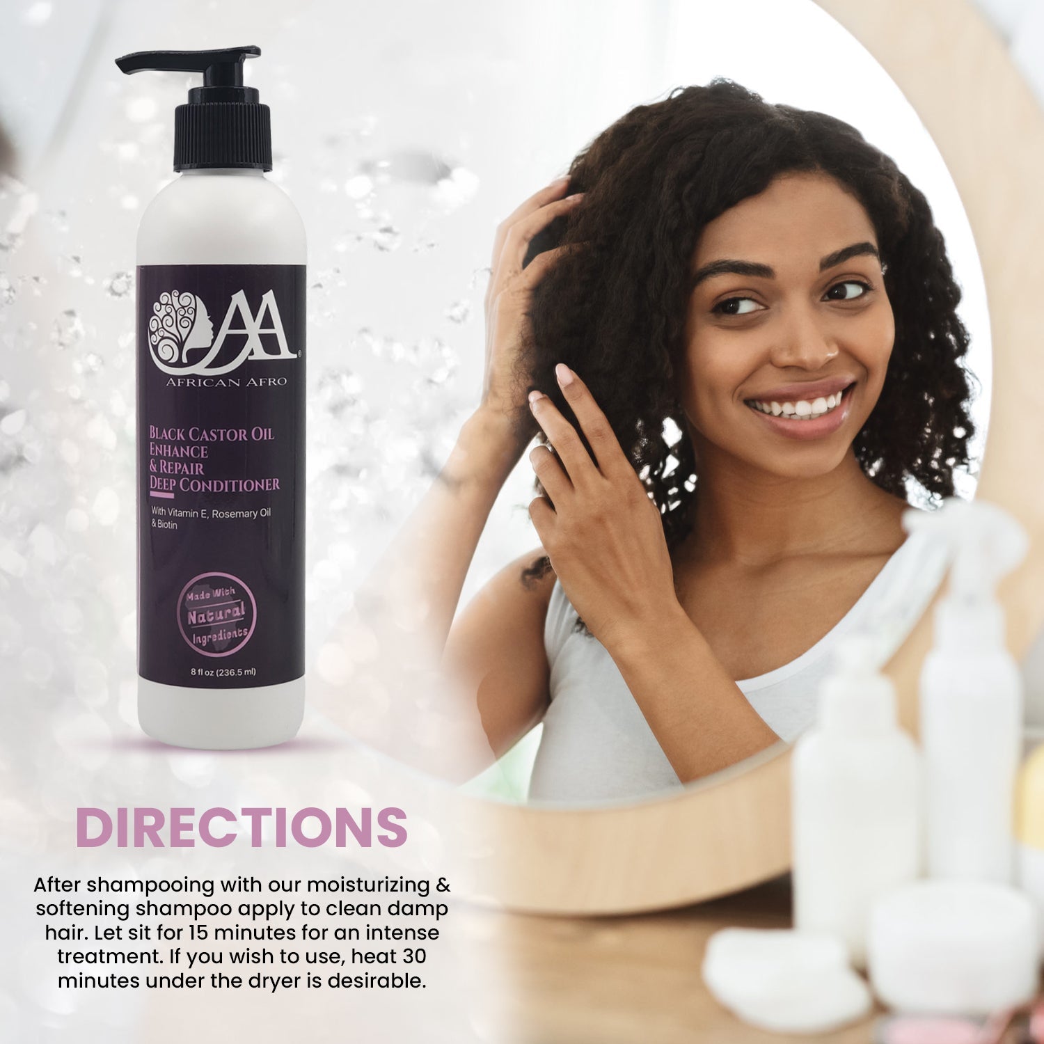 Black Castor Oil Enhance and Repair Deep Conditioner bottle with woman applying conditioner in front of mirror.