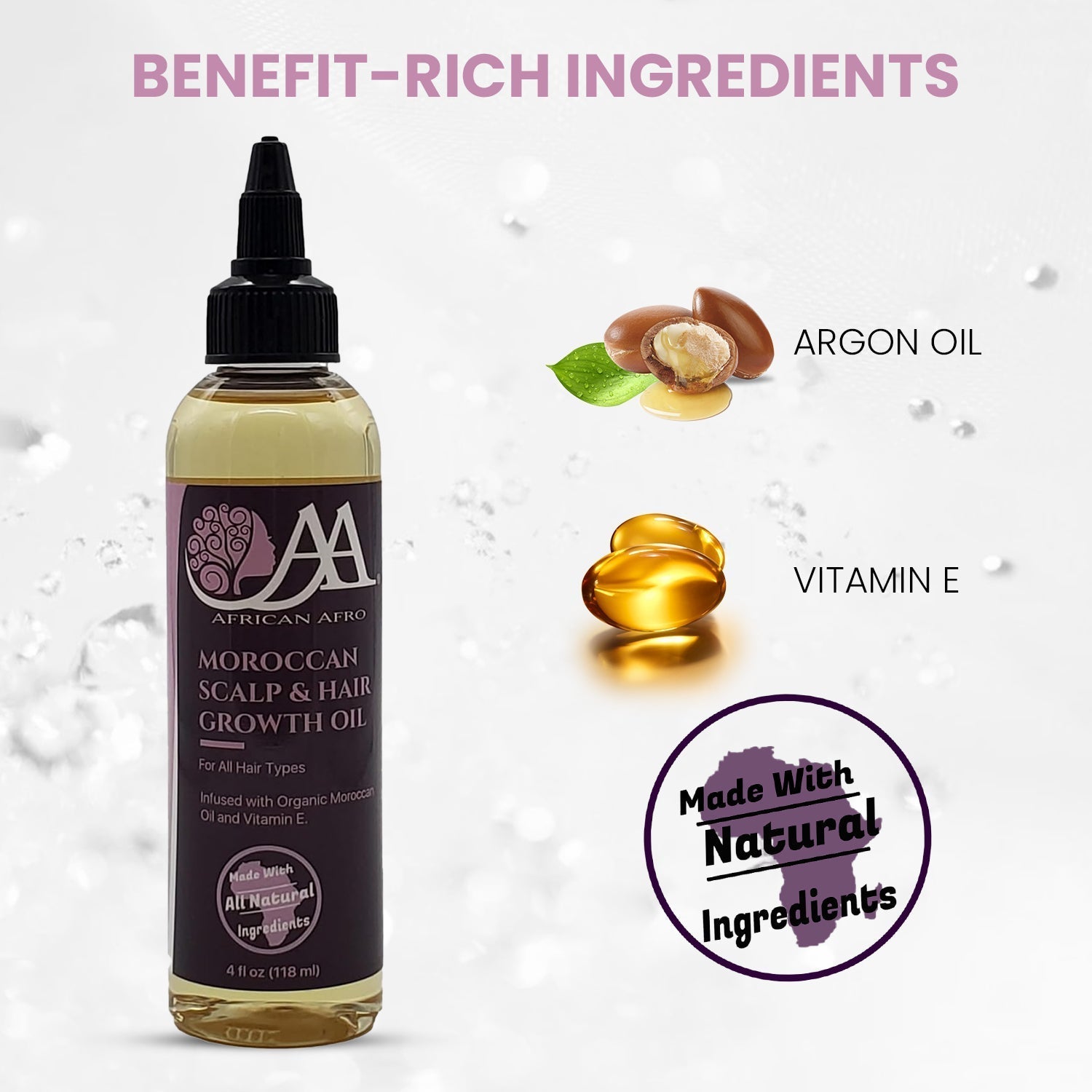 Moroccan Scalp & Hair Growth Oil bottle with natural ingredients like argan oil and vitamin E.