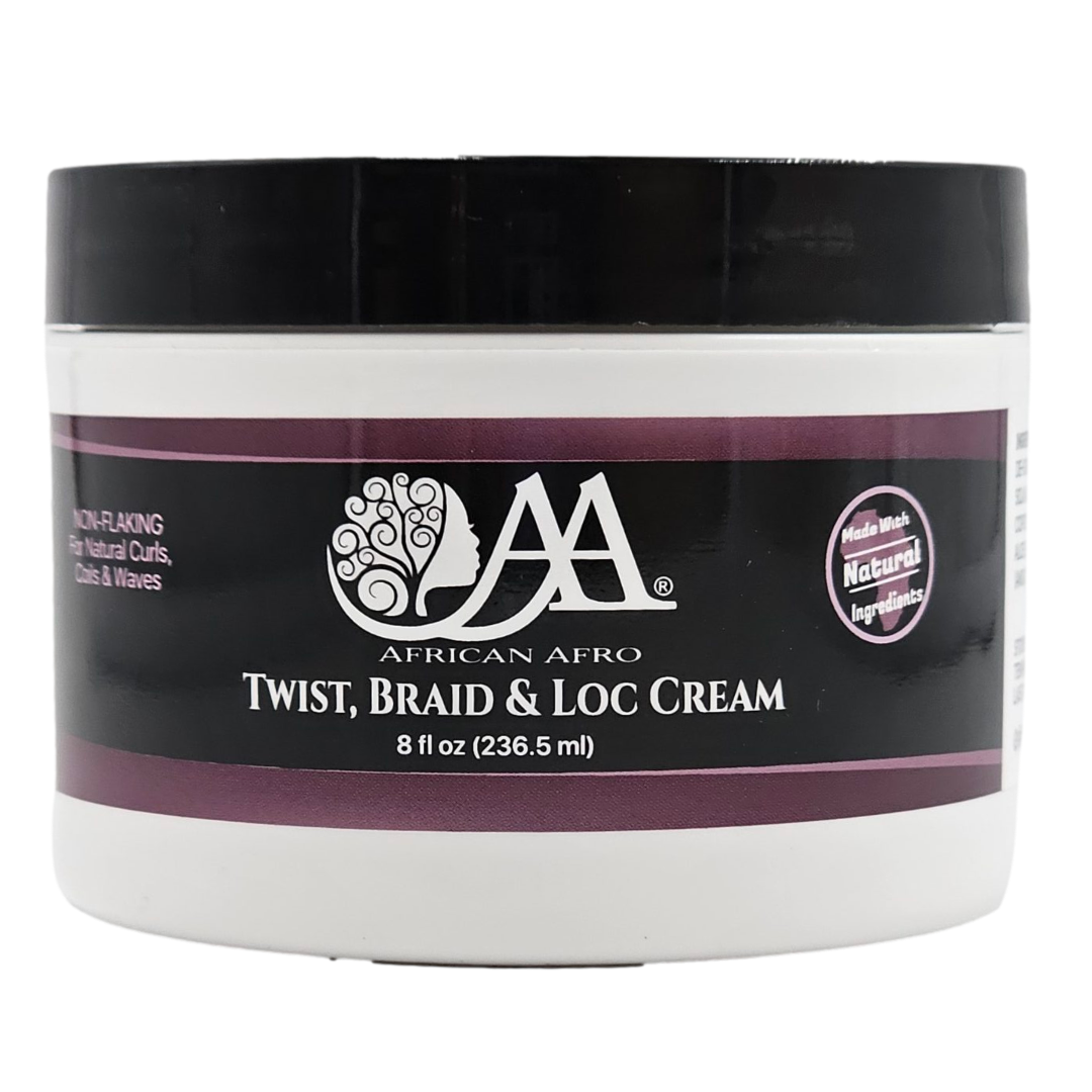 Twist Braid and Loc Cream with Shea Butter for natural hair styling in 8 fl. oz. jar.