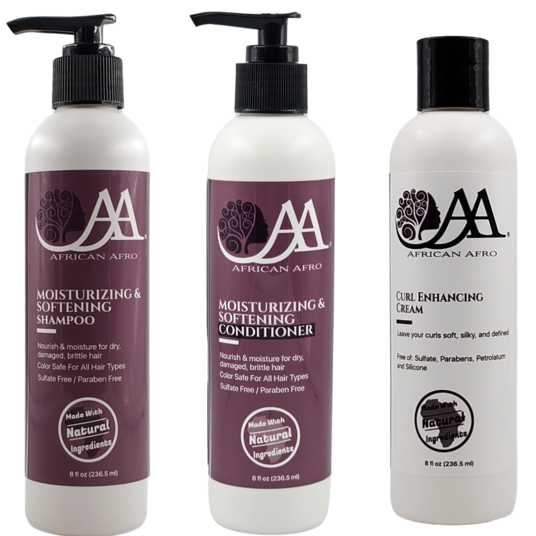 Wash'N'Go Bundle with ultra-hydrating shampoo, deep moisture conditioner, and curl enhancing cream for moisture-rich curl care.